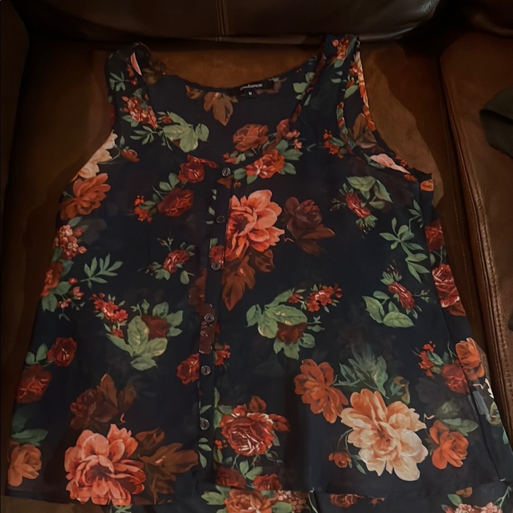 Floral Sleeveless Top - Navy and Orange